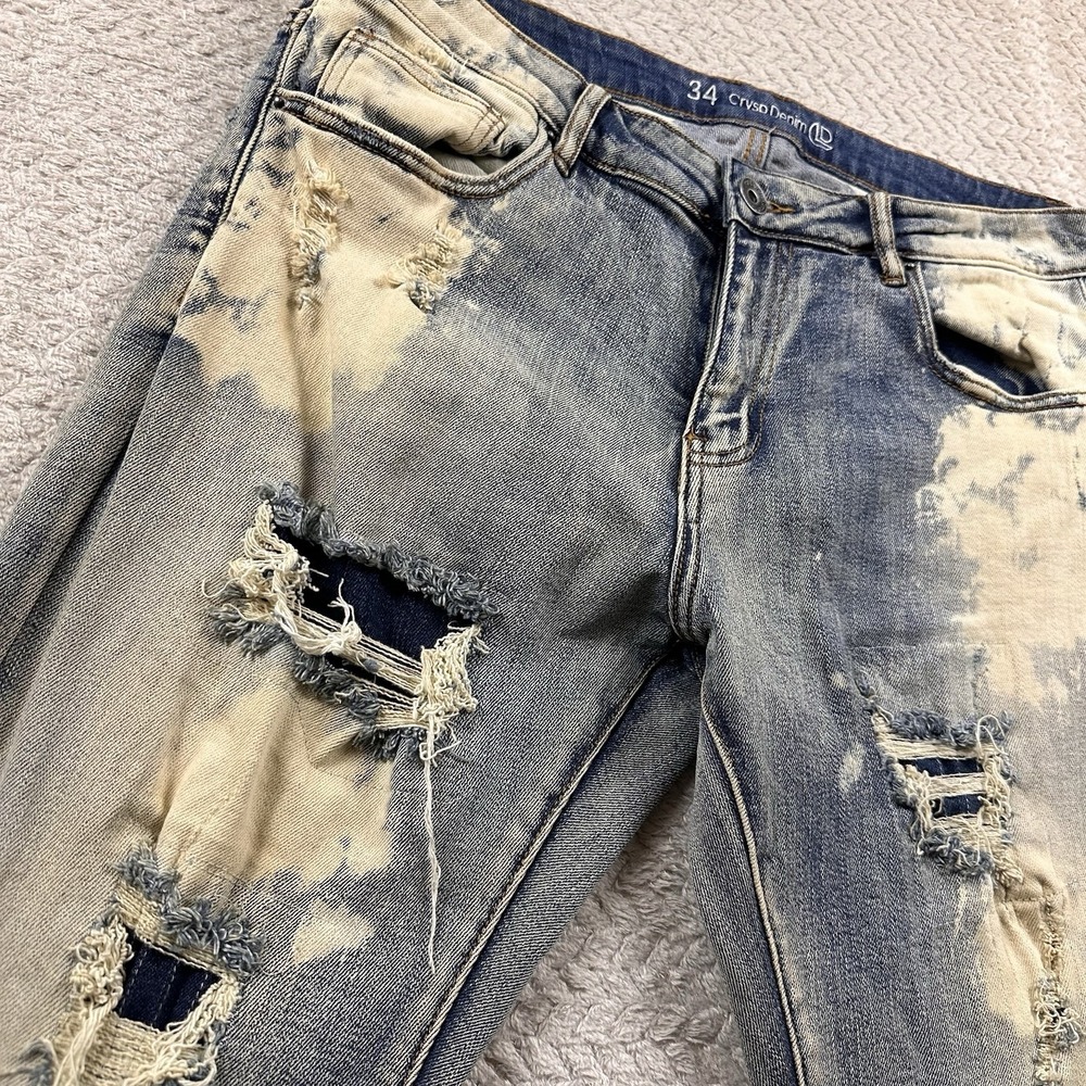Crysp Denim Mens Jeans 34x34 Distressed Bleach Splatter Graffiti Moto Style Rock - Picture 4 of 15